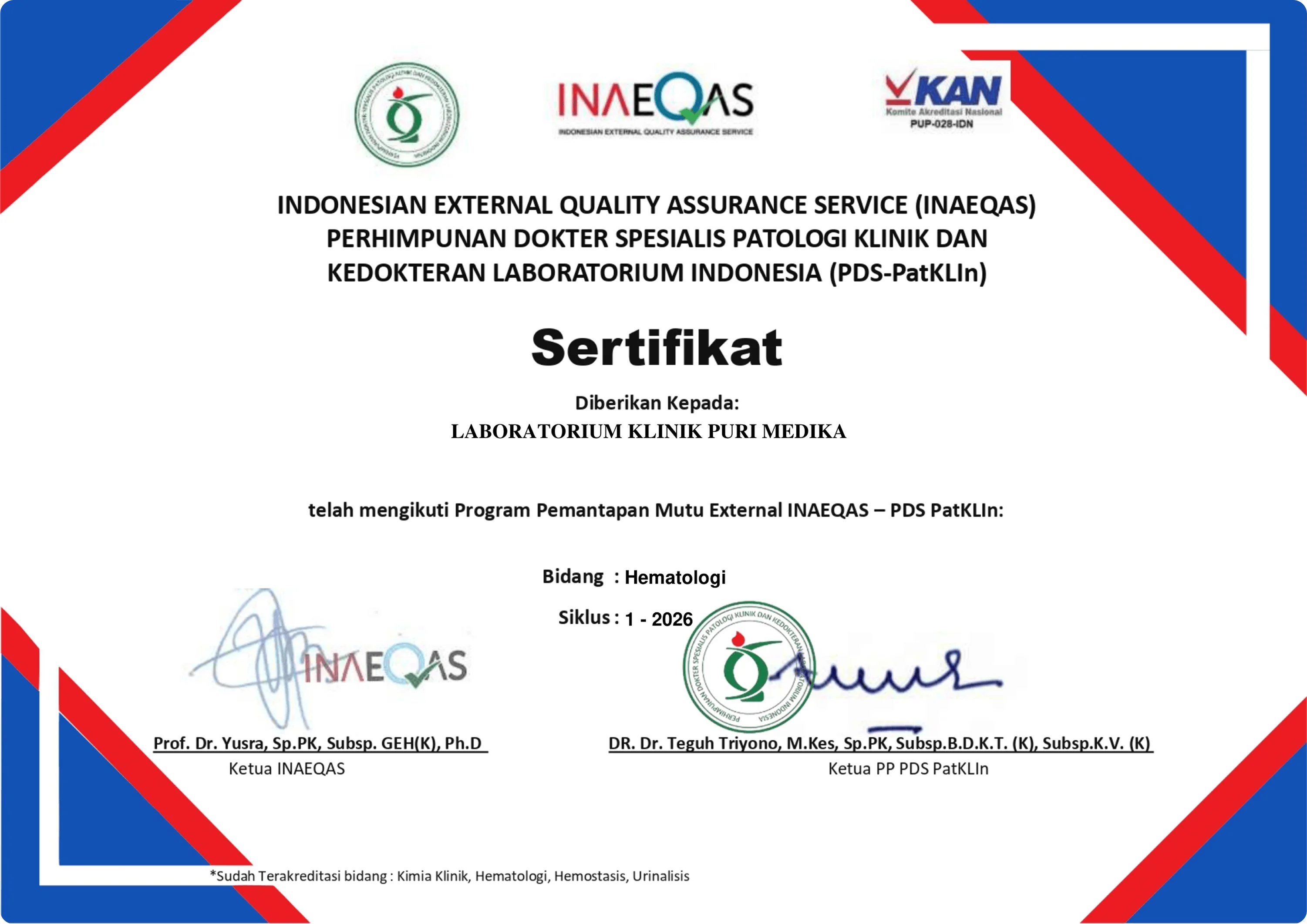 Sertifikat INAEQAS Hematologi Laboratorium Klinik Puri Medika